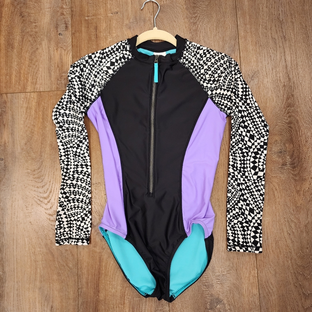 Speedo One Piece Long Sleeve Power Flex Eco Swimsuit Rash Guard size Small